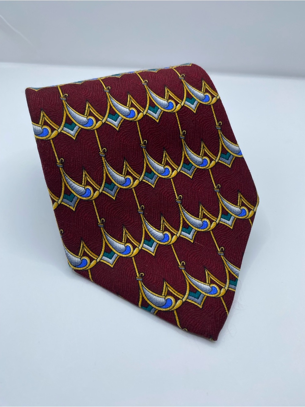 Dior Burgundy Silk Tie with Gold Blue and Teal Geometric Motif